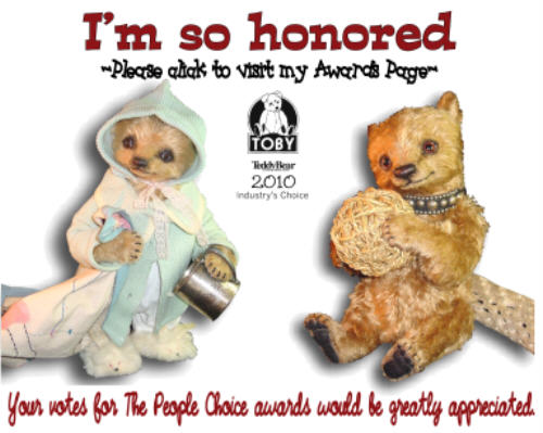 TOBY Industry Choice Award 2010 for Calin and Grizwald from handmade mohair teddy bear artist Denise Purrington